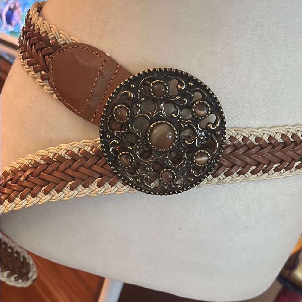 Coldwater Creek Brown and Cream Braided Belt with Ornate Buckle - M